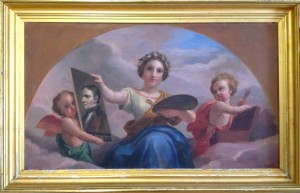 On display at the Justin Morrill State Historic Site are two of Brumidi's sketches on paper and three panels based on designs in the Brumidi Corridors in the Capitol, including the one pictured above that features a portrait of William Prescott.